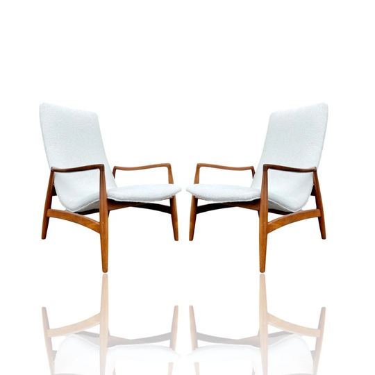 Midcentury Modern Walnut Lounge Chair Pair With New Boucle