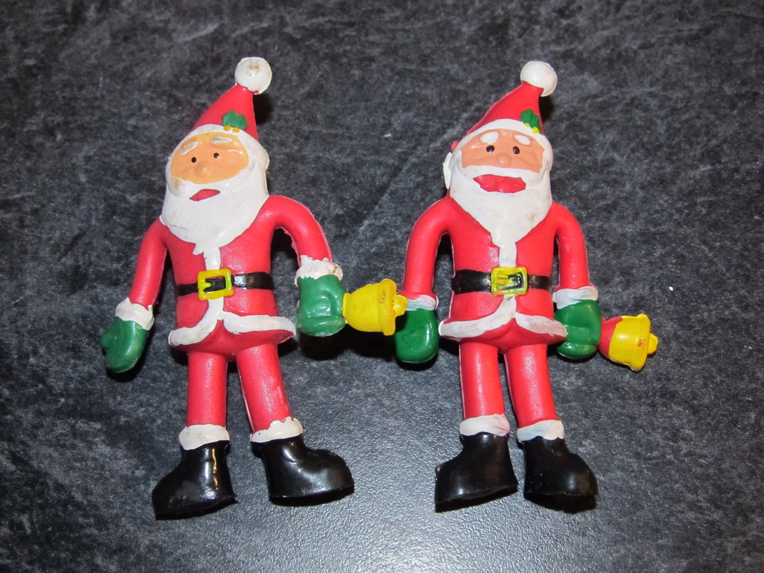 2 Vintage Plastic Santa Claus Pencil Topper Bendy Toy - 3" Tall Figure Black Shoes Red Suit Gold Bell Santa's