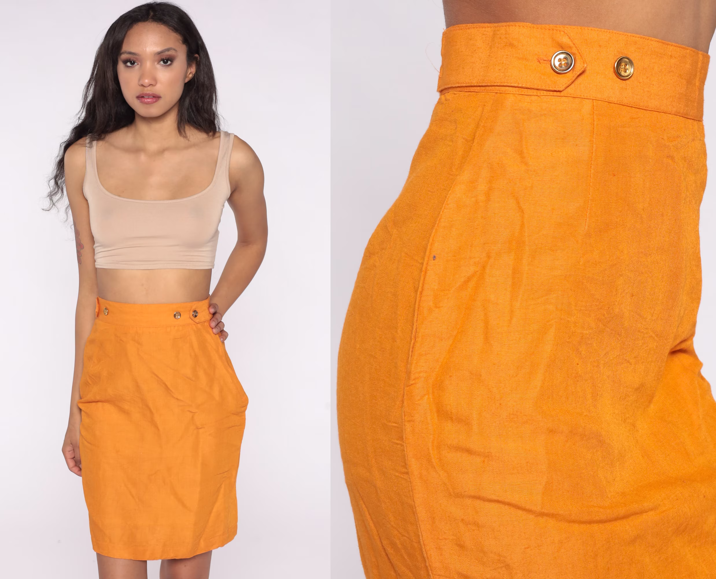 80S Pencil Skirt Orange Silk 1980S Vintage High Waist Wiggle Mini Secretary Small 6