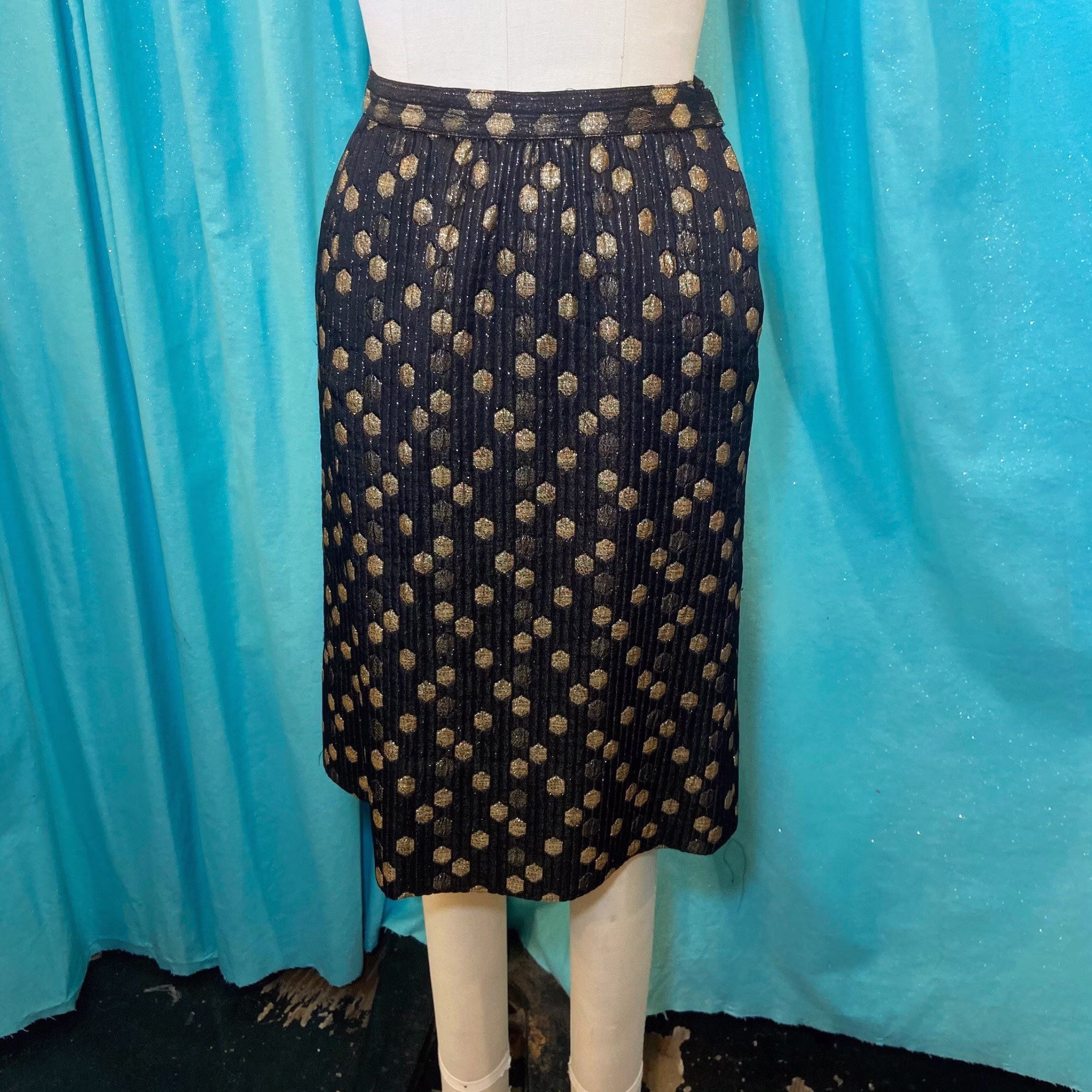 1950S/1960S W28 Pacific Classics Black Gold Lurex Honeycomb Ribbed Brocade Pencil Wiggle Skirt