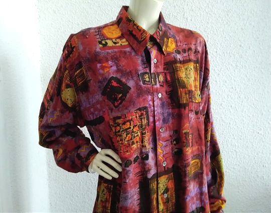 Camargue Men Colorful Shirt Long Sleeve Geometric Abstract Crazy Print 80S Pop-Art Disco Casual Multi-Colored Viscose L Size