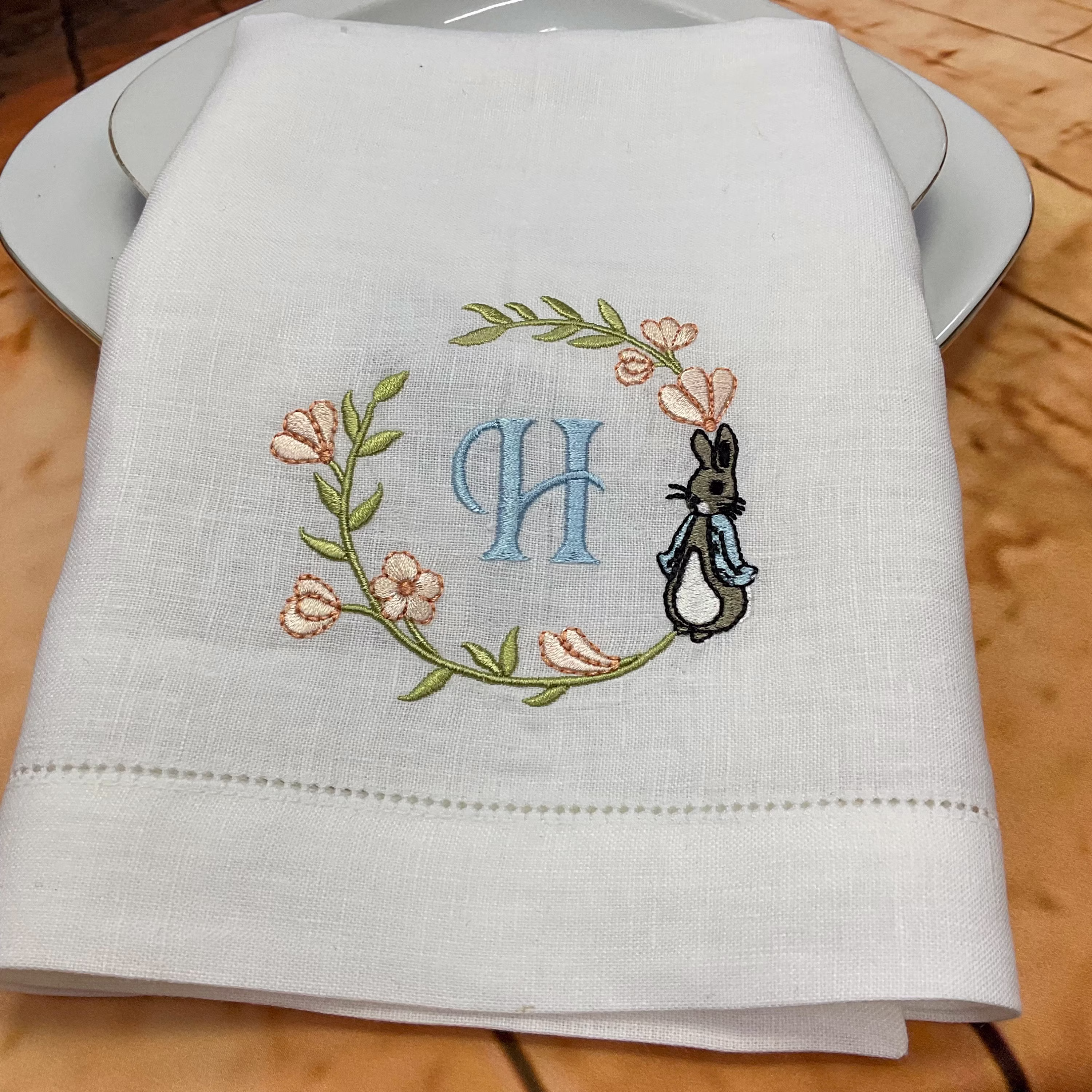 Monogram Easter Table Decor, Dinner Napkins, Wreath, Bunny Embroidered Monogrammed Linen Personalized Napkins
