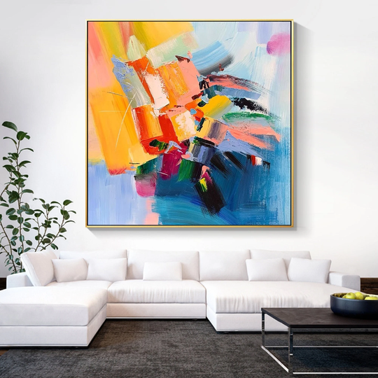 Large Abstract Colorful Flower Square Oil Painting Texture Floral Color Block Red Pink Orange Blue White Wall Art Modern Contemporary Decor