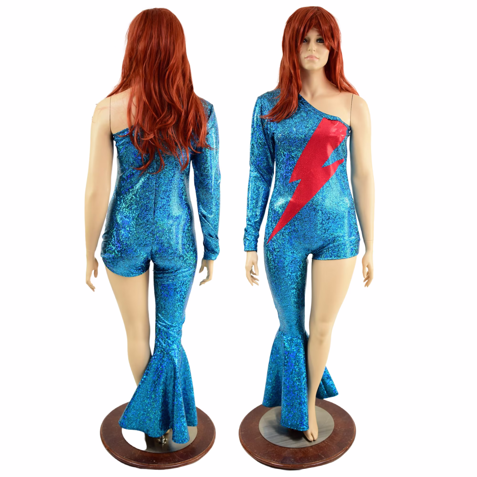 Turquoise On Black Shattered Glass One Right Shoulder Long Sleeve & Leg Bell Bottom Flare Catsuit With Red Bolt - 1579209