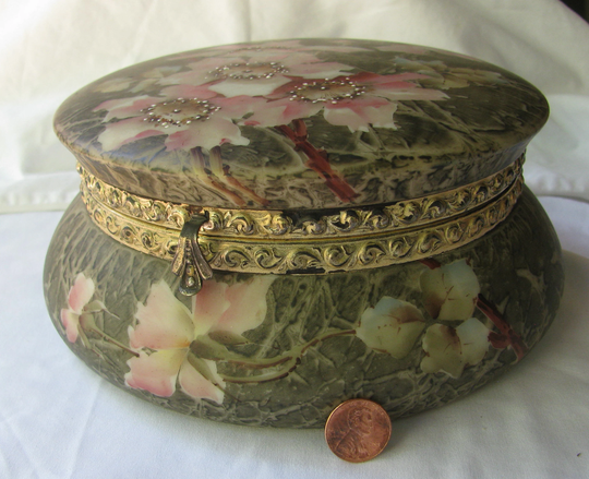 stunning Turn Of The Century Kelva Massive Hinged Dresserjar; Trinket Box, Pink Floral On Geen Woodland Background, 8" By 3.5", Satin Inside