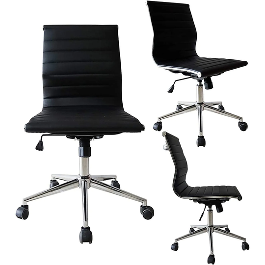 Swivel Adjustable Height PU Leather Office Chair Mid-Back Armless No Arms Side Ribbed Executive Ergonomic Task