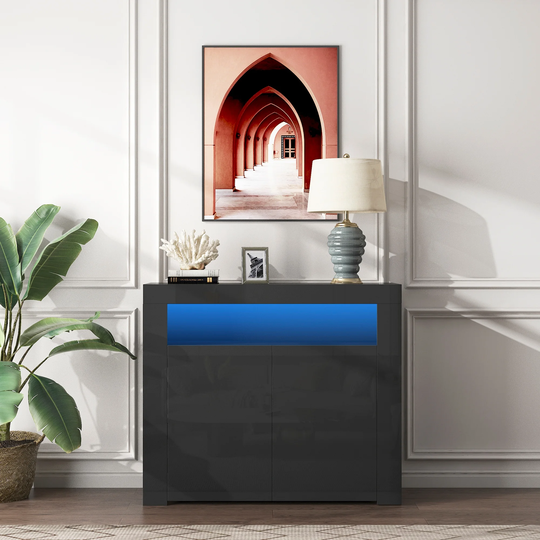 Living Room Sideboard Storage Cabinet White High Gloss with Led Light, Modern Kitchen Unit Cupboard Buffet Storage