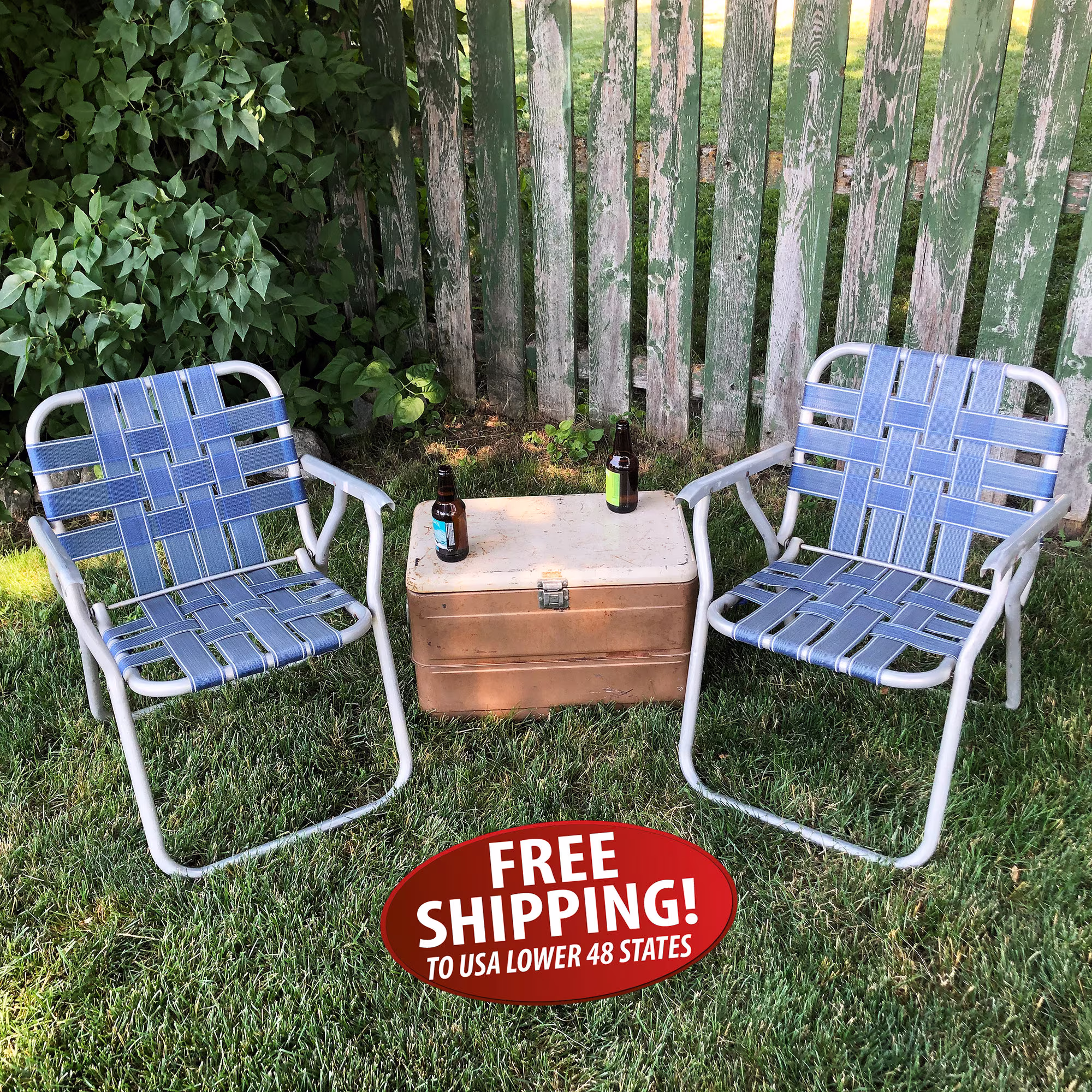 Two Mid Century Webbed Lawn Chairs - Blue & White, Vintage Camping Chair, Folding Aluminum & Poly Web Patio Chairs, Matching Pair