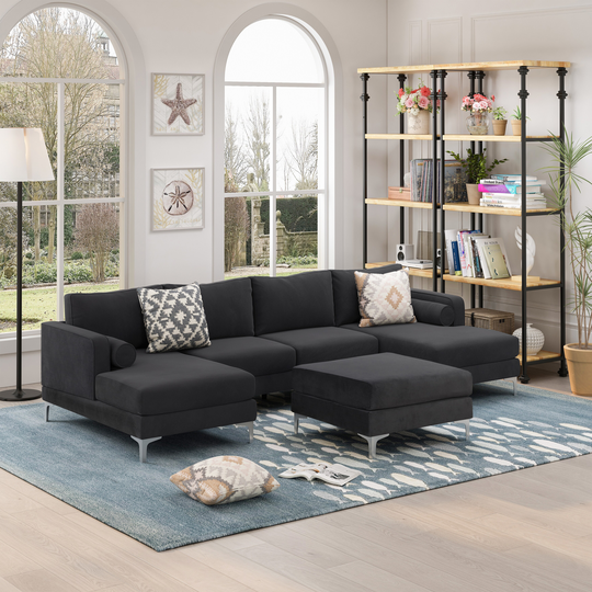 Modern Velvet Fabric U Shaped Couch Reversible Chaise Sofa