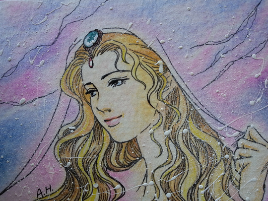 Original Aceo, One-Of-A-Kind Hand-Painted Miniature, Colored Pencil, Allie Huang, Fairy Witch Elf Snow Princess, Medieval Magic, Anime Manga