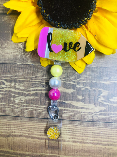 Love Pencil Badge Reel-School Reel-Badge Reel With Beads-Educator Reel-Teacher Gift