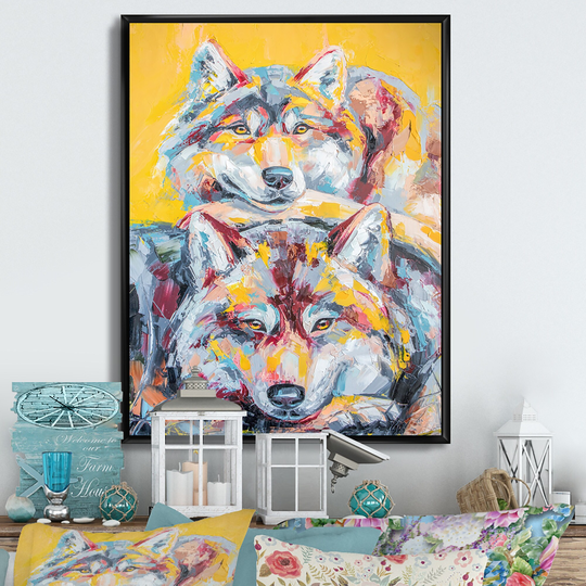 Designart 'Colorful Wolf Wildlife Emotion V' Traditional Framed Canvas Wall Art