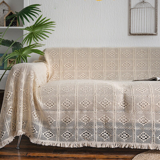 French Style Lace Sofa Slipcover With Tassels | Beige Crochet Cutout Cover For Living Room Furniture Protector Farmhouse Home Decor
