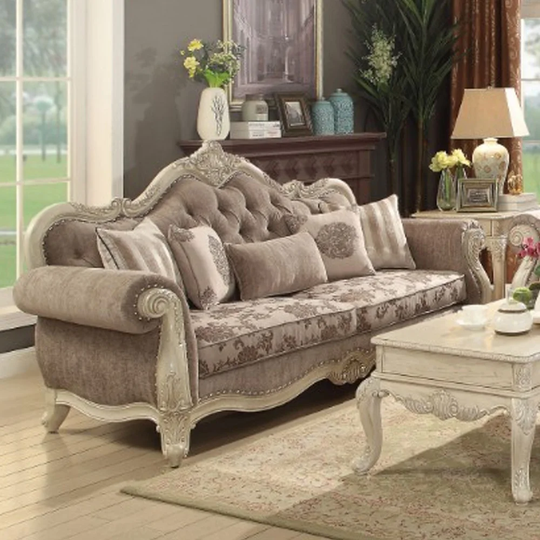 Fabric Upholstered Wooden Sofa with Scrolled Molding Trim, Gray and White