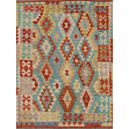 Colorful Kilim Area Rug Reversible Living Room Hand-woven Wool Carpet - 4'11" x 6'3"