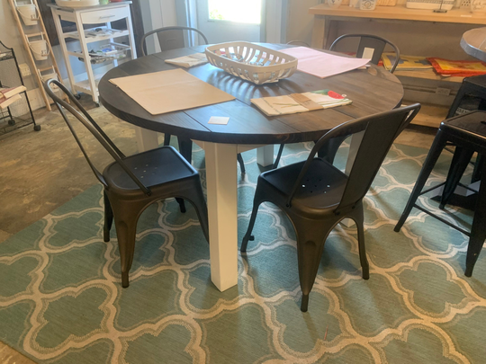 Round Farmhouse Table With Metal Chairs, Four Leg Base, Dark Walnut Top Pure White Small Wooden Dining