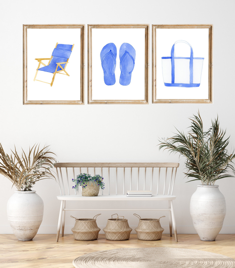 Watercolor Blue Beach Chair, Flip Flop Wall Art, Bag Art, Theme Housewarming Gift, Lake House Wall Art