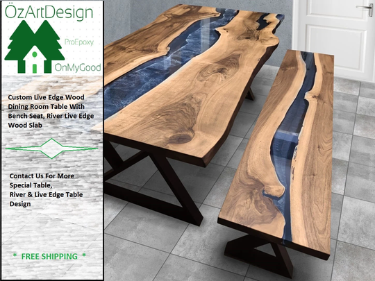 Custom Epoxy Table, Live Edge Dining River Wood Slab, Dine Furniture Table & Bench, Coffee Side