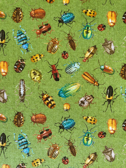 Nature Trail Bugs Green Quilting Cotton Fabric By 1/2 Yard, Insect Beetles