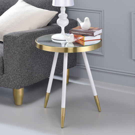 ACME Mazon End Table in Smoky Mirror, Antique Brass and White