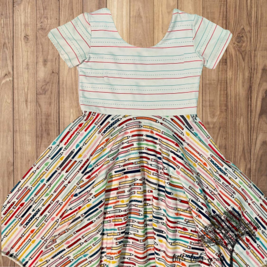 Back To School 1st Day Paper & Pencil Paint Twirly Dress. Toddler Kids Supplies Outfit