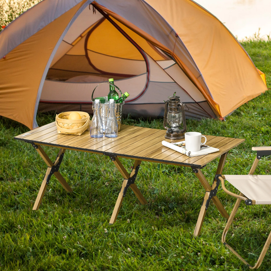 Outsunny 4ft Aluminum Camping Table, Folding Roll-Up Picnic Table with Carry Bag, Waterproof & Woodgrain Finish