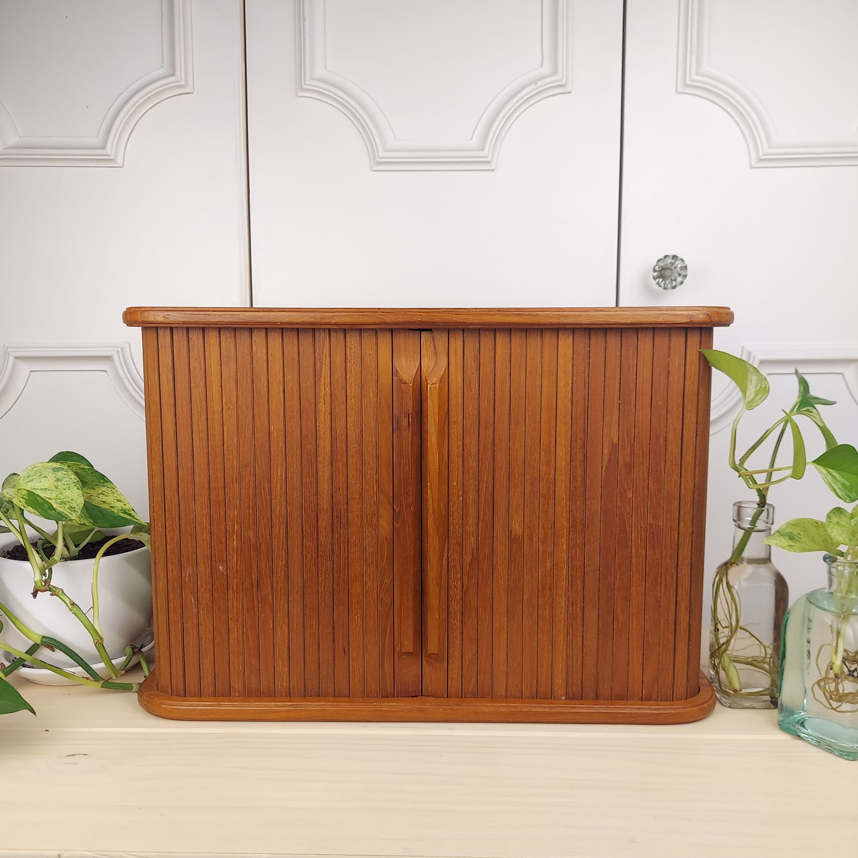 Danish Modern Teak Tambour Storage Unit, Wall Mount Wood Rolltop By Eppco Enterprises, Made in Thailand, 1980's