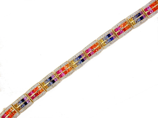 Beautiful 10Kt Gold Multi Color Created Sapphire Bracelet 24 Diamonds 120 Princess Cut Stones Yellow