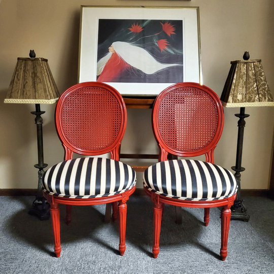 Outstanding Custom Avanti Diminutive Black White Gold Striped Red Cane Accent Vintage Chairs