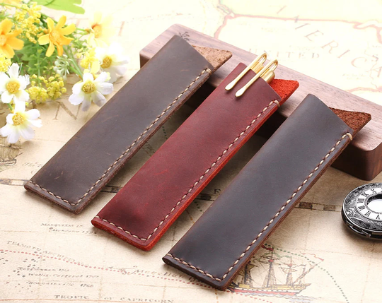 Handmade Genuine Leather Pen Pencil Bag, Rustic Fountain Holder Case Pouch, Custom Name Ball-Point Sleeve