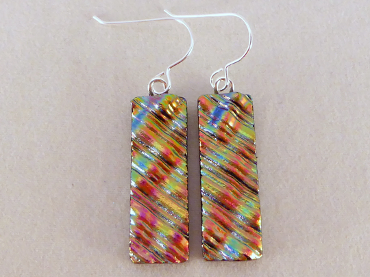 Multi Colored Gold & Red Dichroic Fused Glass Dangle Earrings