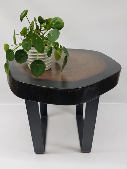 Round Coffee Table - Side Live Edge - Cookie - Black & Brown - Solid Wood Minimalist - Handmade - Steel - Modern Table