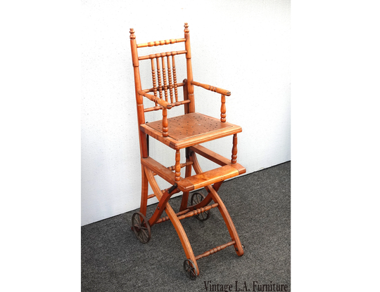 Unique Antique Brown Oak Convertible High Chair & Stroller With Wheels Asis