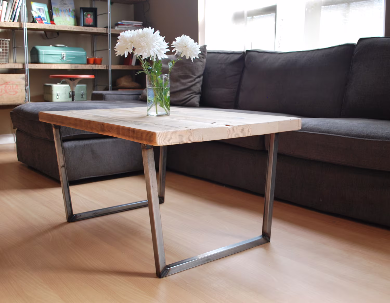 Recycled Wood Coffee Table, Natural Finish, Standard 1.5" Top, 48" L X 24" W 18" Tall Shown. Your Choice Of Leg Style & Size