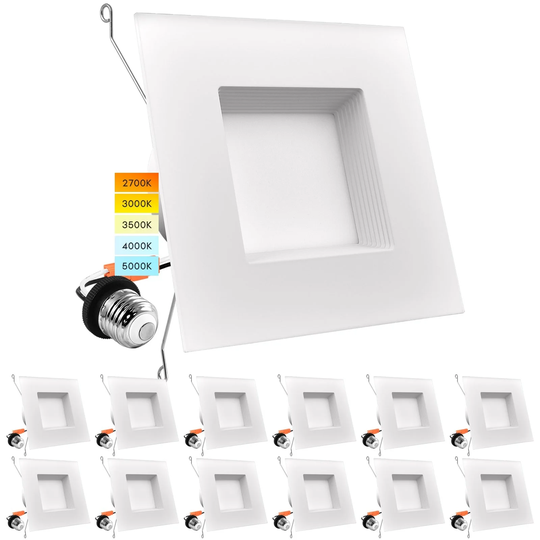 Luxrite 5/6" LED Square Recessed Lighting 5 Color Selectable 2700K, 3000K, 3500K, 4000K, 5000K Baffle Trim 12 Pack