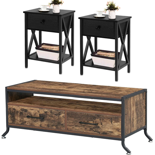 3-pieces Living Room Set Brown Coffee Table and Nightstands set of 2