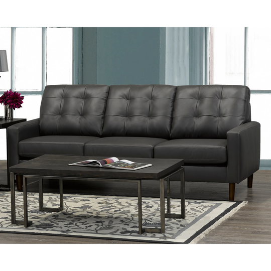 Gunner Mid Century Modern Dark Grey Top Grain Italian Leather Tufted Sofa