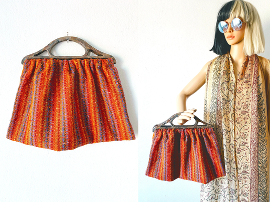 Multi-Colored Woven Bag | Lucite Handle Purse Acrylic Hobo Colorful Handbag Fabric Hippie Boho
