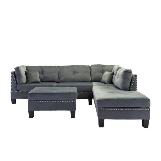 L-Shape Sectional Sofa w/Ottoman and nailhead trim accent