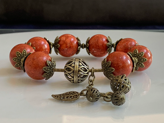 Natural Fossil Coral Bracelet, Stretch Large 18mm Beads, Bead Antique Bronze, Charm Bracelet