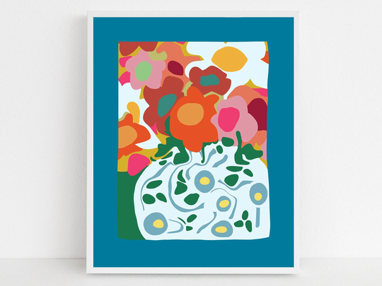 Abstract Flower Print - Bright Color Wall Art Whimsical Floral Vase Picture Vibrant Teal Orange Gold Pink Available Framed Or Matted