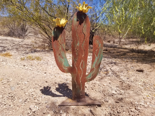 Metal Saguaro Cactus Small With Yellow Flower Blooms/Lightly Hand-Painted Turquoise Rustic Southwest Steel Sculpture Desert Souvenir