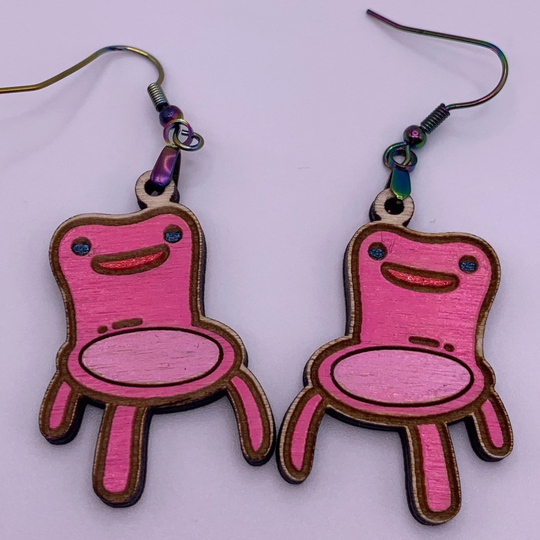 Froggy Chair Earrings Pink Hand Painted Wood