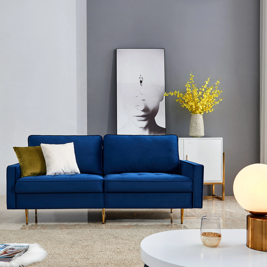 Modern Velvet Frabic Loveseat Sofa Thicken Upholstered Sofa Living Room 2 Removable Cushions Sofa with Metal Leg & 2 Pillows
