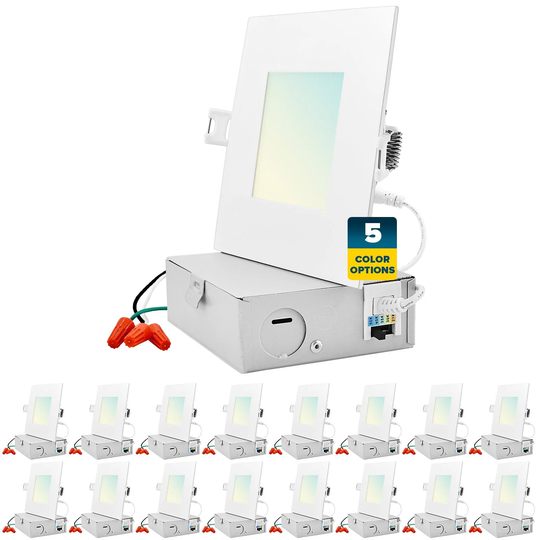Sunperian 16-Pack 4 inch Square Ultra-Thin LED Recessed Light J-Box 5 Color Options 10W 750 Lumens Dimmable Wet Rated