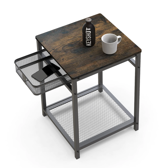 End Table with Grid Storage Drawer Nightstand Sofa Side Table - 15.8*15.8*23.6INCH