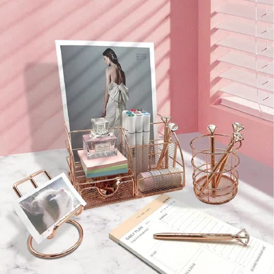 Rose Gold Office Supplies And Accessories. 3 Pcs Desk Organization. Pink Office Supplies With Pen Holder, Folder Holder & Card Holder. Updated Office