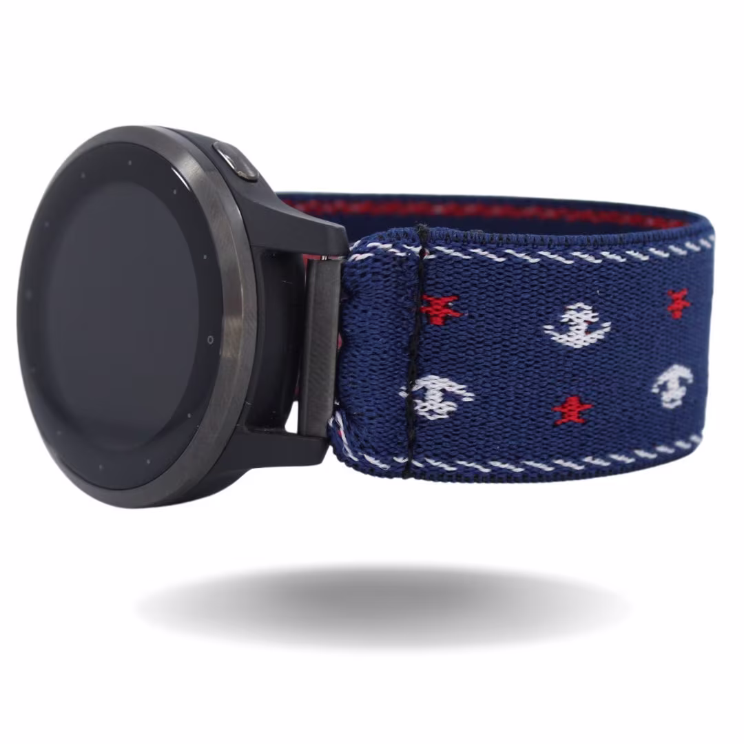 Elastic Watch Band For Garmin Vivoactive 4S | Nautical Navy White Red Anchors Captain Boat Includes 18mm Specialty Adapters