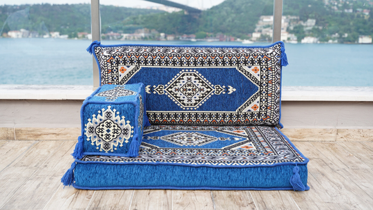 Royal Blue Floor Sofa, Cushions, Loveseats, Sectional Arabic Sofa Seating Set, Moroccan Sofas, Kilim Rug Design