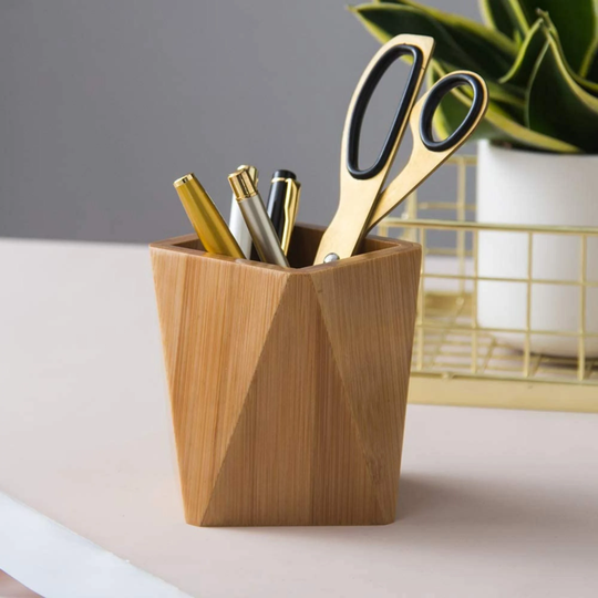 Bamboo Wood Pen Holder Stand For Desk, Geometric Pencil Cup Pot, Cute Desktop Organizer, Makeup Brushes Gift Her